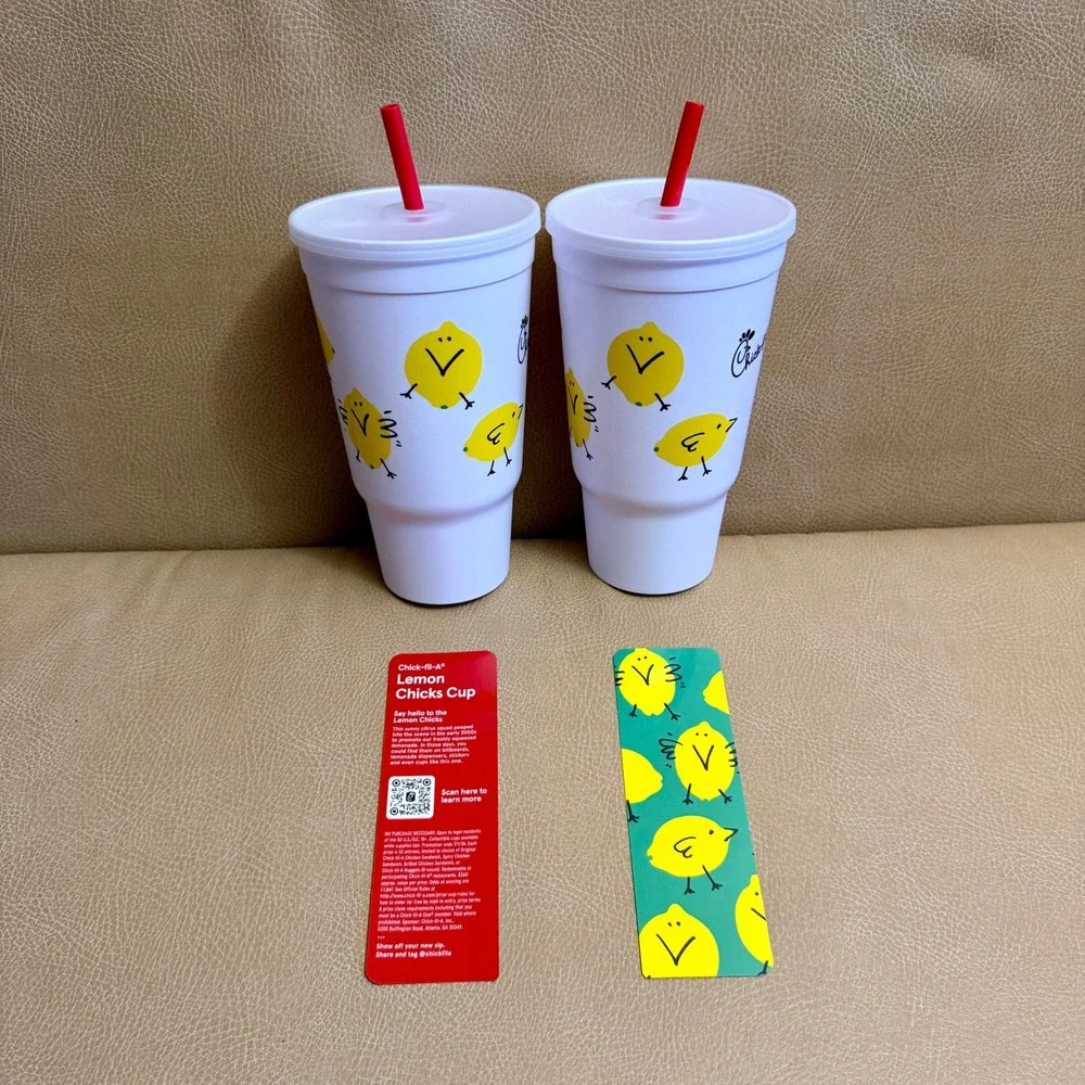 Chick-fil-A Lemon Chicks Cup Set of 2 White Plastic Tumblers with Lids & Straws